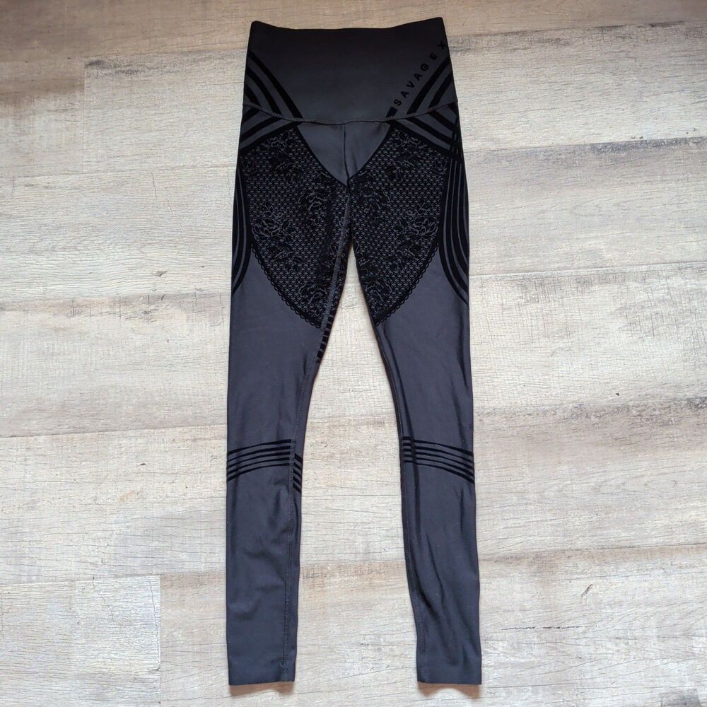 ​Savage X Fenty Sport Black Leggings Flocked Lace High Waist Activewear Medium